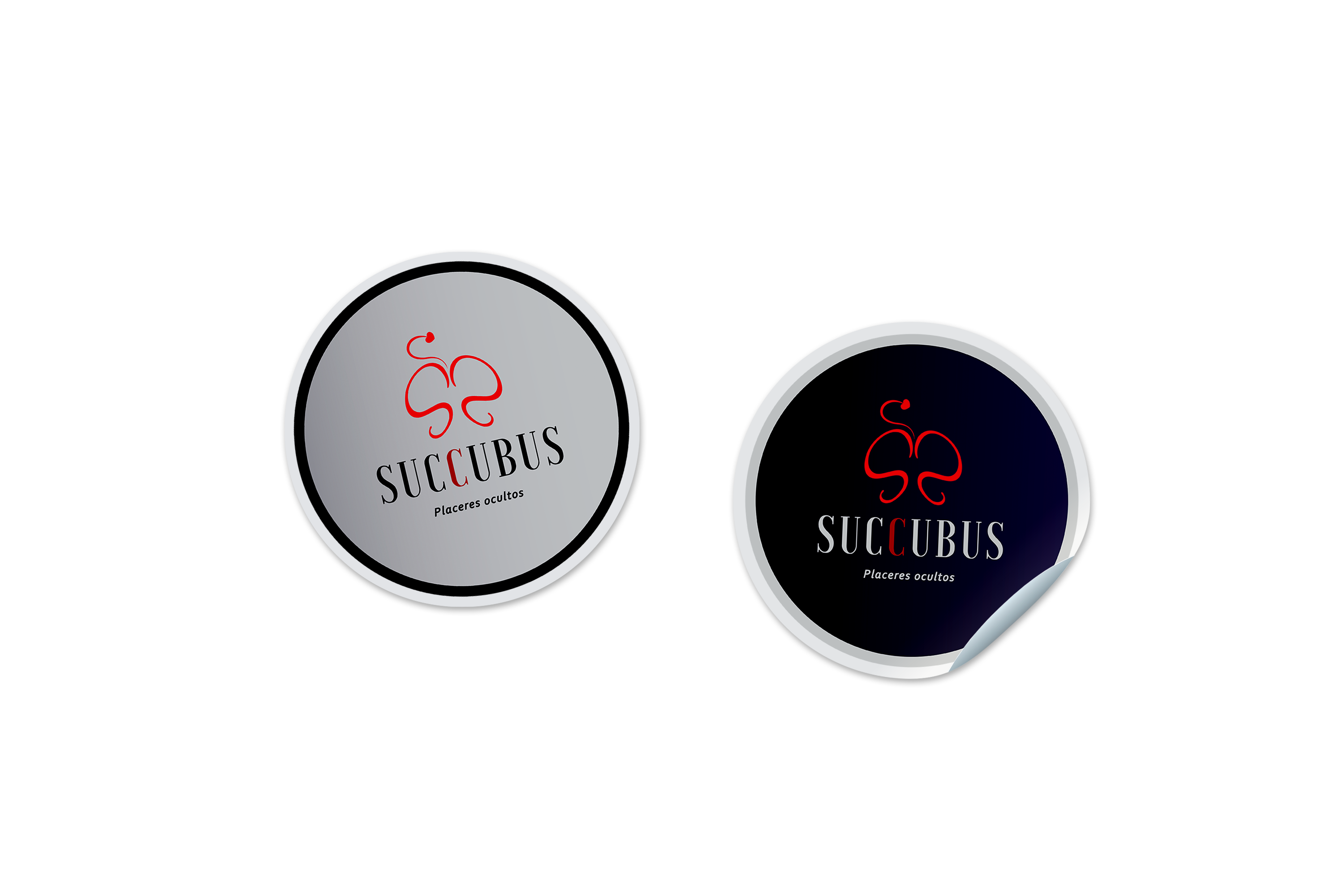 Pegatinas del logo de Succubus representando en fondo oscuro y claro.